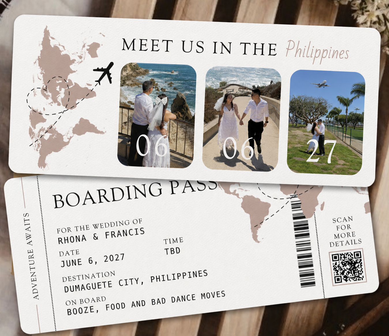 Boarding-pass style wedding invitation for Rhona and Francis — 06.06.27, Dumaguete City